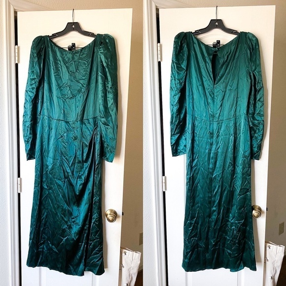 Reformation Dress Cameron Long Sleeve Silk Slit Midi Wedding Emerald 12 GUC - Picture 1 of 8